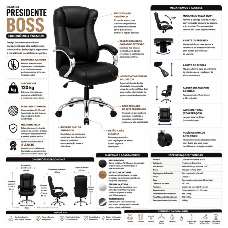 Ficha técnica da Cadeira Presidente BOSS com mecanismo relax, pistão classe 3 e capacidade recomendada de 120 kg.