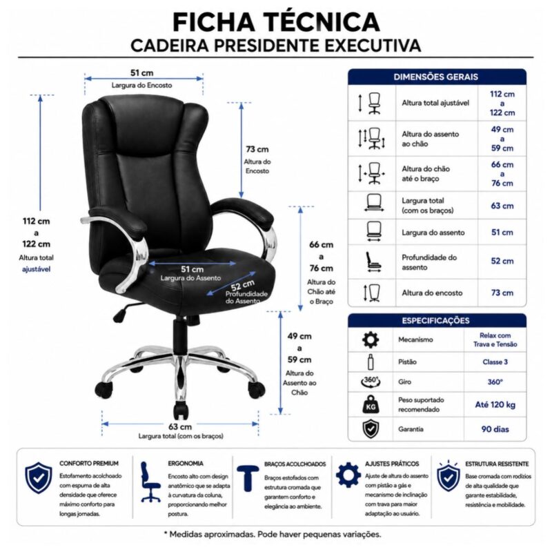 Diagrama da Cadeira Presidente BOSS com altura de 112 a 122 cm, largura de 63 cm e assento de 51 por 52 cm.