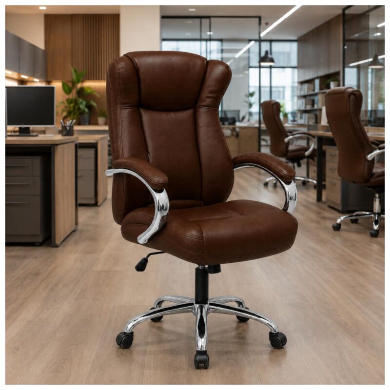 Cadeira Presidente BOSS Marrom em coworking moderno com mesas compartilhadas e decoração profissional.
