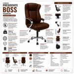 Ficha técnica da Cadeira Presidente BOSS Marrom com mecanismo relax, pistão classe 3 e capacidade recomendada de 120 kg.
