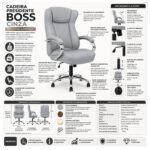 Ficha técnica da Cadeira Presidente BOSS Cinza com mecanismo relax, pistão classe 3 e capacidade recomendada de 120 kg.