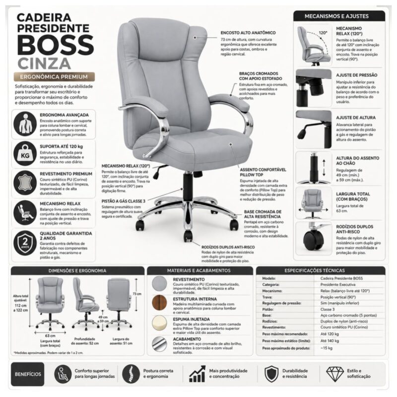 Ficha técnica da Cadeira Presidente BOSS Cinza com mecanismo relax, pistão classe 3 e capacidade recomendada de 120 kg.