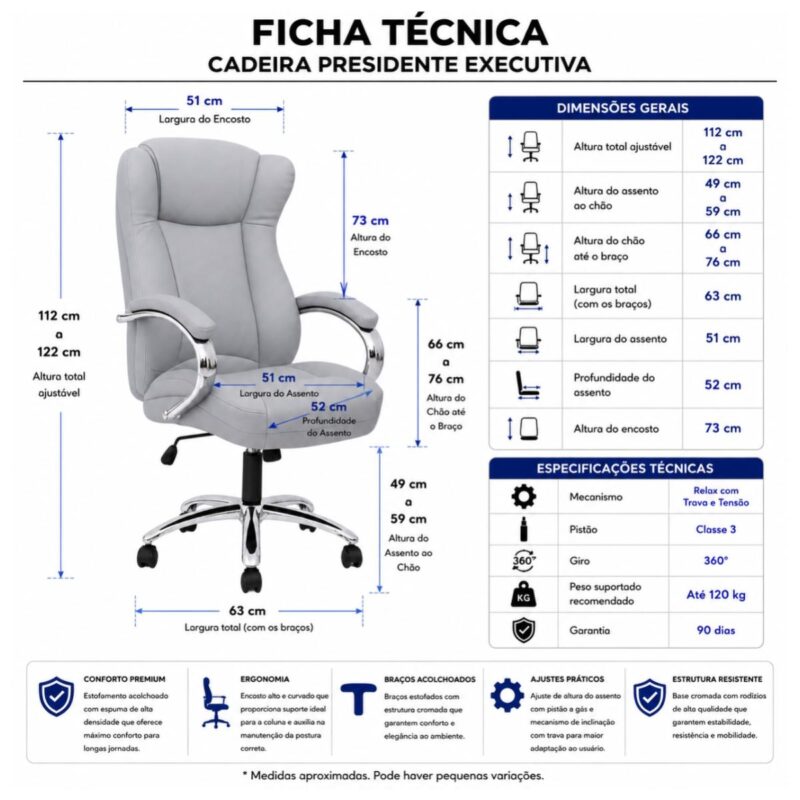Diagrama da Cadeira Presidente BOSS Cinza com altura de 112 a 122 cm, largura de 63 cm e assento de 51 por 52 cm.