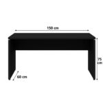 Mesa de escritório preta 150 × 60 cm com medidas Mesa de escritório preta com medidas indicadas de 150 cm de largura, 60 cm de profundidade e 75 cm de altura.