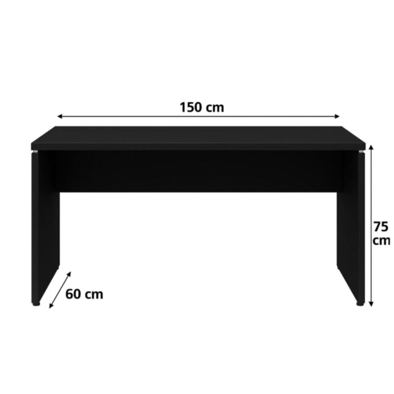 Mesa de escritório preta com medidas indicadas de 150 cm de largura, 60 cm de profundidade e 75 cm de altura.