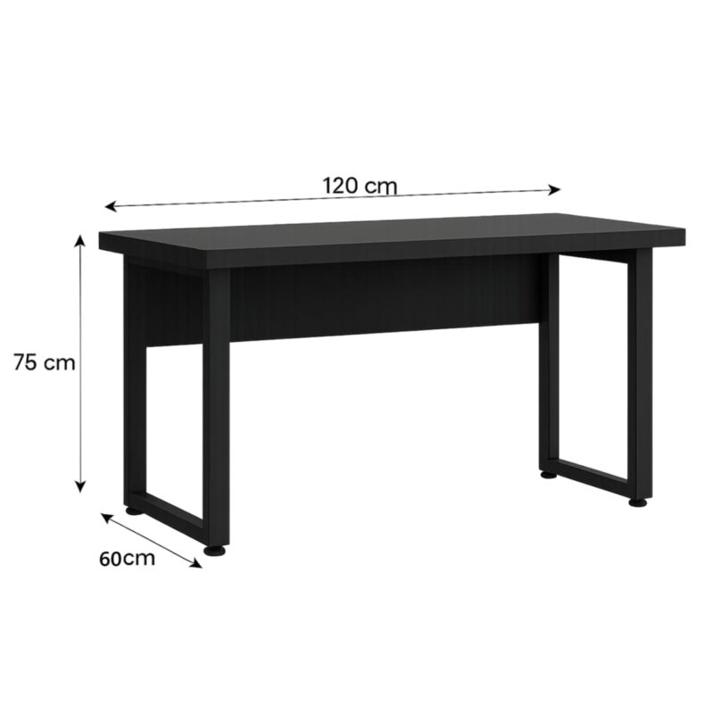 Ilustração da mesa preta individual com medidas de 120 cm de largura, 60 cm de profundidade e 75 cm de altura.