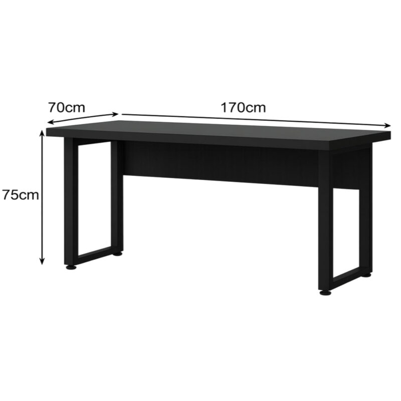 Ilustração da mesa preta em L com medidas de 170, 70 e 90 cm, altura indicada de 75 cm e chamada de tampo engrossado de 40 mm.