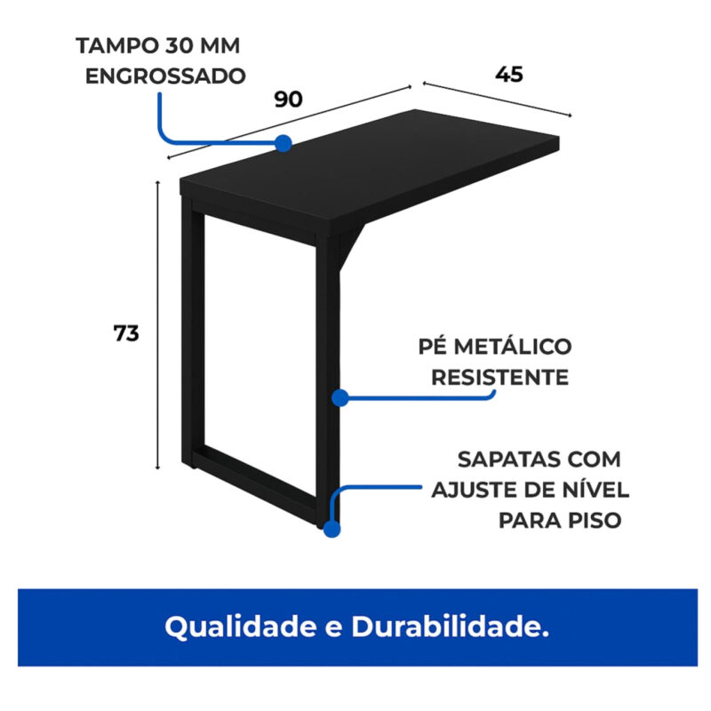 Mesa preta reta com setas indicando 170 cm de largura, 70 cm de profundidade e 75 cm de altura.
