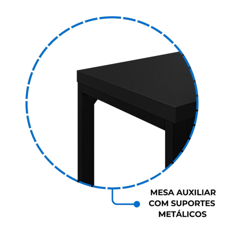 Recorte circular do canto do tampo preto e de seu apoio metálico, acompanhado de chamada sobre suportes metálicos.
