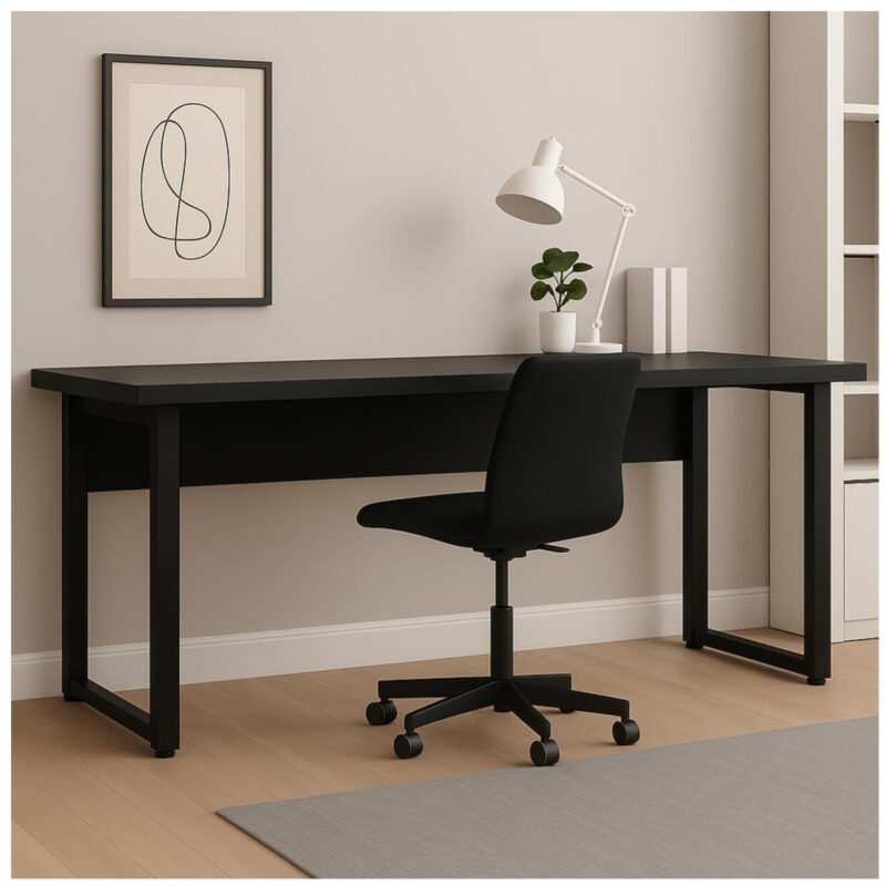 Mesa preta com cadeira giratória, luminária branca, planta e livros em ambiente com quadro decorativo e tapete cinza.