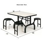 Mesa para Refeitório ESCAMOTEÁVEL 04 Lugares MDP Branco de 25 mm - Assento PRETO - 50401