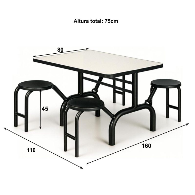 Mesa para Refeitório ESCAMOTEÁVEL 04 Lugares MDP Branco de 25 mm - Assento PRETO - 50401