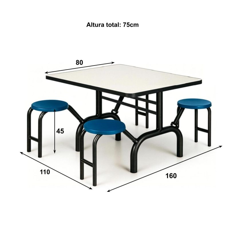 Mesa para Refeitório ESCAMOTEÁVEL 04 Lugares MDP Branco de 25 mm - Assento AZUL - 50404