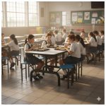 Mesa para Refeitório ESCAMOTEÁVEL 06 Lugares MDP Branco de 25 mm - Assento AZUL - 50601