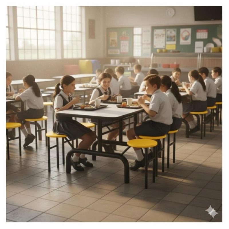 Mesa para Refeitório ESCAMOTEÁVEL 06 Lugares MDP Branco de 25 mm - Assento AMARELO - 50602