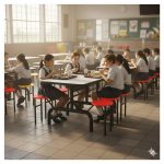 Mesa para Refeitório ESCAMOTEÁVEL 06 Lugares MDP Branco de 25 mm - Assento VERMELHO - 50603