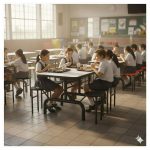 Mesa para Refeitório ESCAMOTEÁVEL 06 Lugares MDP Branco de 25 mm - Assento PRETO - 50604