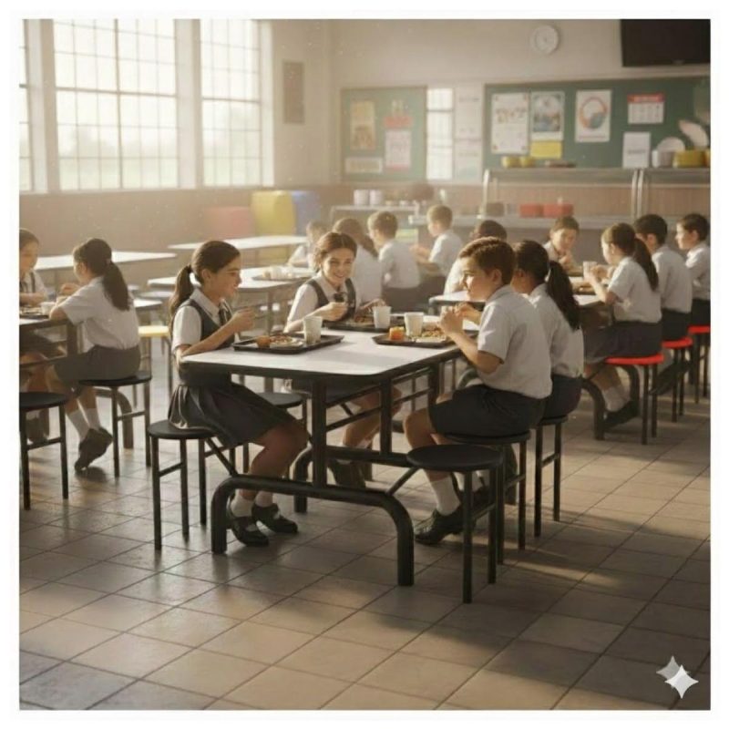 Mesa para Refeitório ESCAMOTEÁVEL 06 Lugares MDP Branco de 25 mm - Assento PRETO - 50604