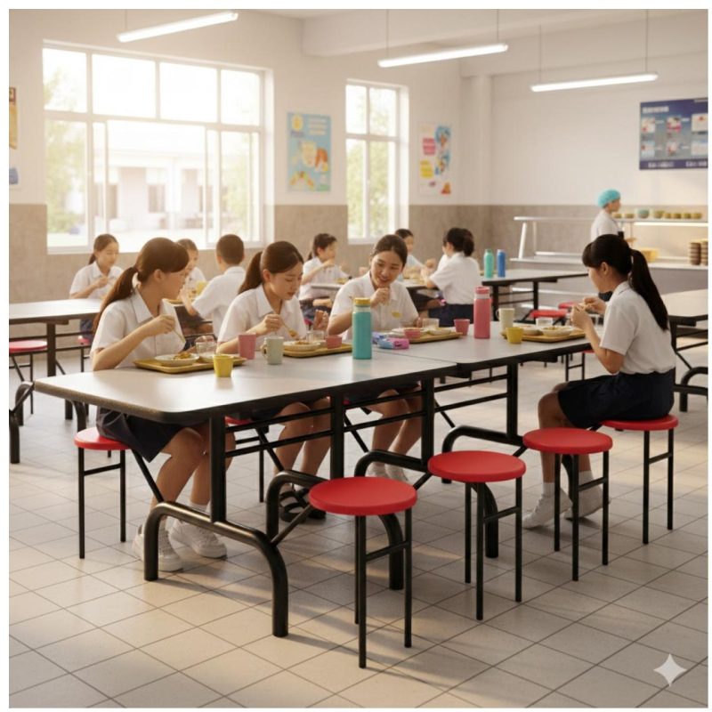 Mesa para Refeitório ESCAMOTEÁVEL 08 Lugares MDP Branco de 25 mm - Assento VERMELHO - 50803