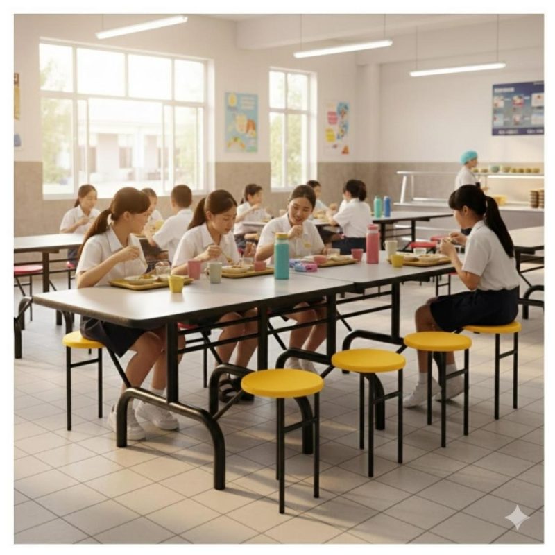 Mesa para Refeitório ESCAMOTEÁVEL 08 Lugares MDP Branco de 25 mm - Assento AMARELO - 50802