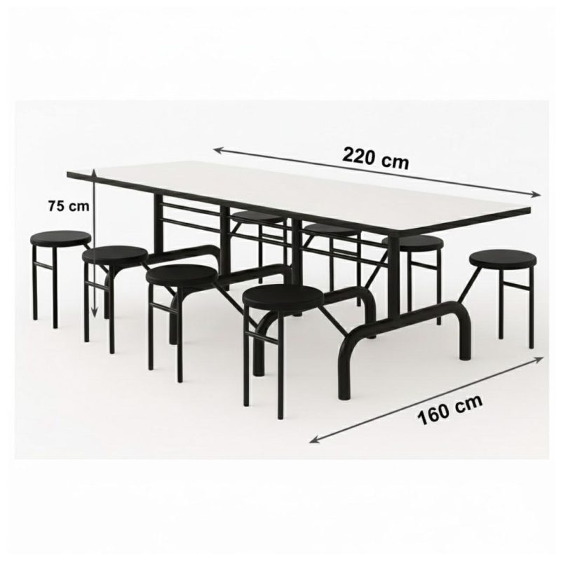 Mesa para Refeitório ESCAMOTEÁVEL 08 Lugares MDP Branco de 25 mm - Assento PRETO - 50804