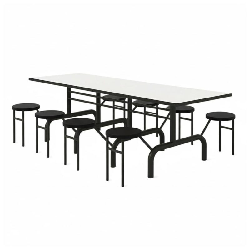 Mesa para Refeitório ESCAMOTEÁVEL 08 Lugares MDP Branco de 25 mm - Assento PRETO - 50804