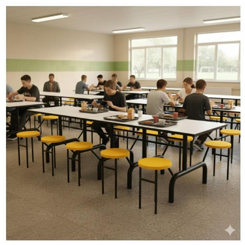 Mesa para Refeitório ESCAMOTEÁVEL 10 Lugares MDP Branco de 25 mm - Assento AMARELO - 50902