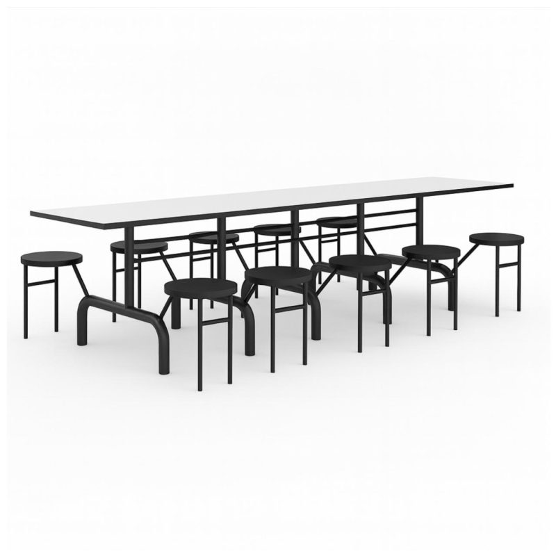 Mesa para Refeitório ESCAMOTEÁVEL 10 Lugares MDP Branco de 25 mm - Assento PRETO - 50903