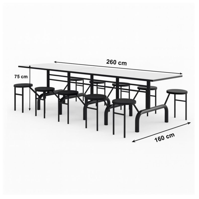 Mesa para Refeitório ESCAMOTEÁVEL 10 Lugares MDP Branco de 25 mm - Assento PRETO - 50903