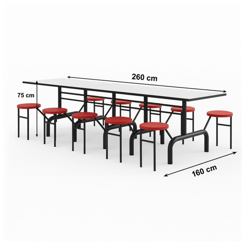 Mesa para Refeitório ESCAMOTEÁVEL 10 Lugares MDP Branco de 25 mm - Assento VERMELHO - 50904