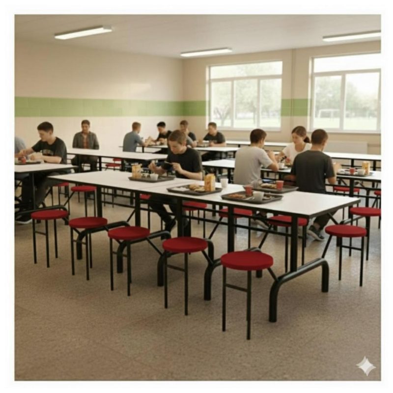 Mesa para Refeitório ESCAMOTEÁVEL 10 Lugares MDP Branco de 25 mm - Assento VERMELHO - 50904