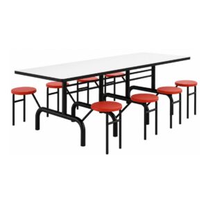 Mesa para Refeitório Escamoteável 8 Lugares com Tampo Branco e Assentos Vermelhos
