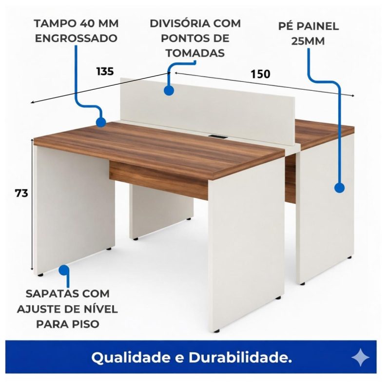 Móveis para Escritório Estação de Trabalho Dupla 1,50×1,35m 02 Lugares c/ Gavetas c/ ponto de tomada PÉ PAINEL - Nogal Sevilha/Branco - 34451