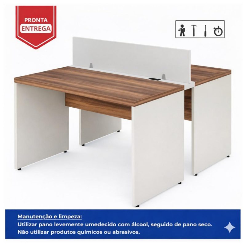 Móveis para Escritório Estação de Trabalho Dupla 1,50×1,35m 02 Lugares sem Gavetas c/  tomadas PÉ PAINEL - Nogal Sevilha/Champanhe - 34450