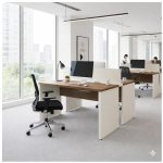 Móveis para Escritório Estação de Trabalho Dupla 1,50×1,35m 02 Lugares c/ Gavetas c/ ponto de tomada PÉ PAINEL - Nogal Sevilha/Branco - 34451