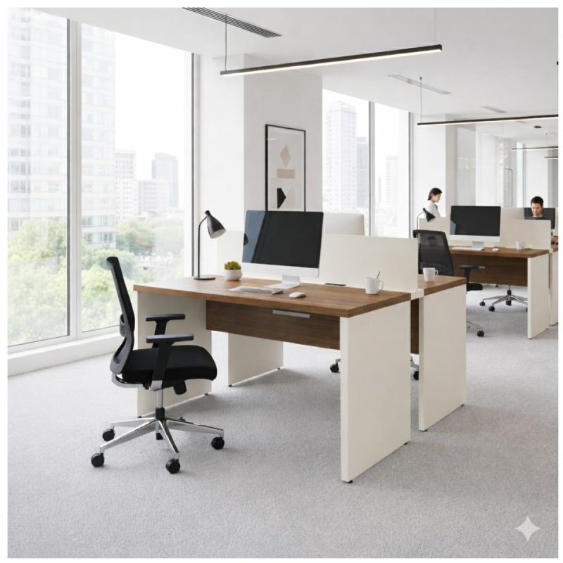 Móveis para Escritório Estação de Trabalho Dupla 1,50×1,35m 02 Lugares c/ Gavetas c/ ponto de tomada PÉ PAINEL - Nogal Sevilha/Branco - 34451