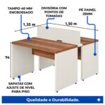 Esquema da estação dupla de 1,50 x 1,35 m com indicações de tampo de 40 mm, pés painel e pontos de tomadas.