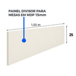 Painel divisor Champanhe apresentado isoladamente, com indicação de MDP de 15 mm e comprimento de 1,50 m.
