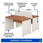 Estação Dupla 1,50 × 1,35 m — Medidas e Componentes Estação dupla com medidas de 1,50 × 1,35 m e destaques do tampo, da divisória e dos pés em painel.