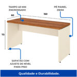 Estação Dupla — Referência da Mesa para Projetos em Goiânia Mesa individual da estação dupla em diagrama, com medidas e destaques do tampo de 40 mm e dos pés em painel.