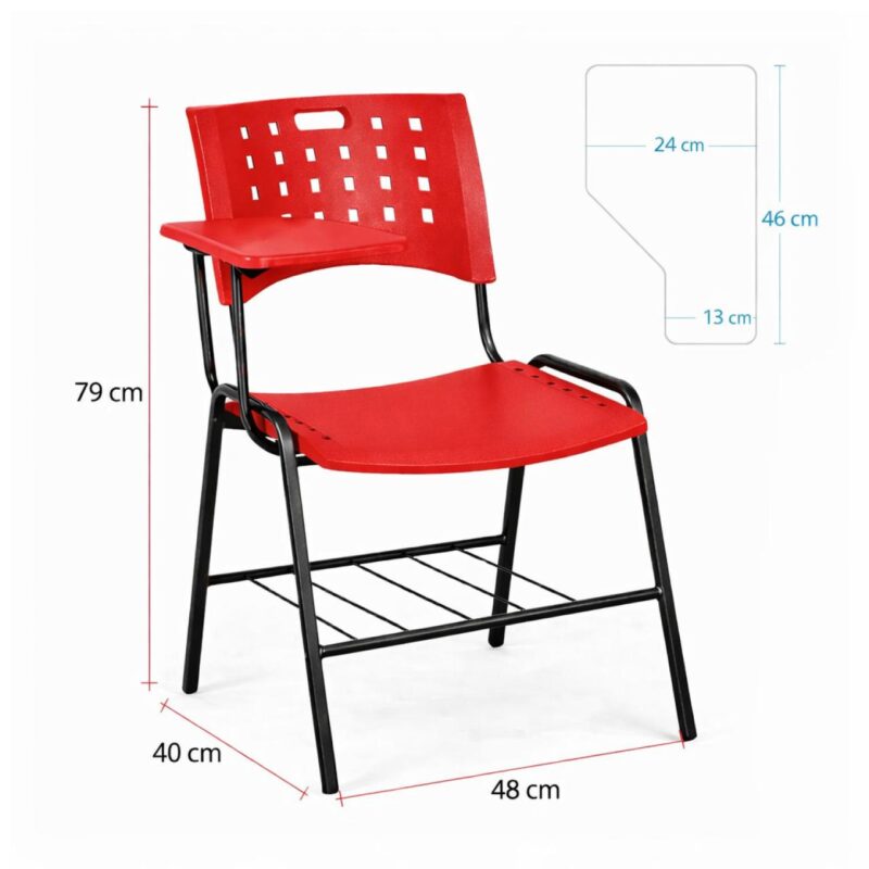 Cadeira Plástica Universitária PRANCHETA PLÁSTICA com Porta Livros - Cor Vermelho - 32020