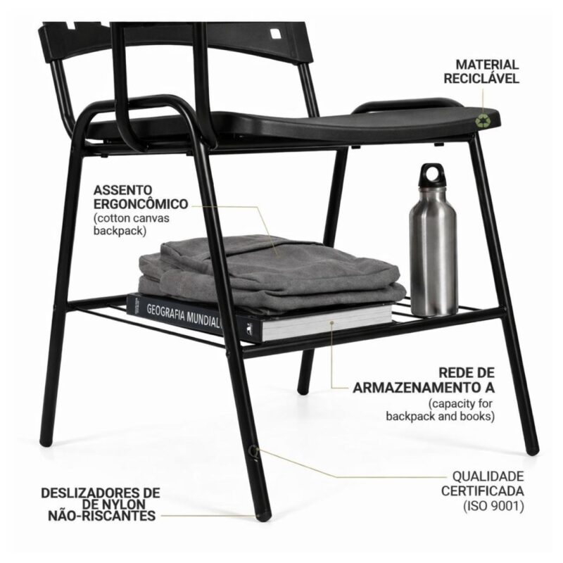 Cadeira Universitária Plástica com PRANCHETA de MDF - Cor Preto - 32001