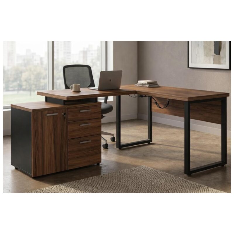 Móveis para Escritório Mesa Escritório em "L" - 1,50x1,50m (Extensível) - com Armário Misto (03 Gav.) - Nogal / Preto - 21603