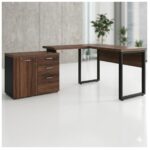 Móveis para Escritório Mesa Escritório em "L" - 1,50x1,50m (Extensível) - com Armário Misto (03 Gav.) - Nogal / Preto - 21603