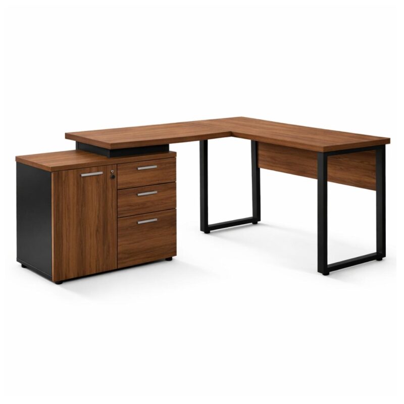 Móveis para Escritório Mesa Escritório em "L" - 1,70x1,50m (Extensível) - com Armário Misto (03 Gav.) - Nogal / Preto - 31603