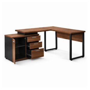 Mesa Escritório em "L" - 1,50x1,50m (Extensível) - com Armário Misto (03 Gav.) - Nogal / Preto - 21603