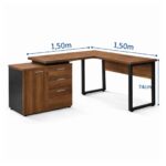 Móveis para Escritório Mesa Escritório em "L" - 1,50x1,50m (Extensível) - com Armário Misto (03 Gav.) - Nogal / Preto - 21603