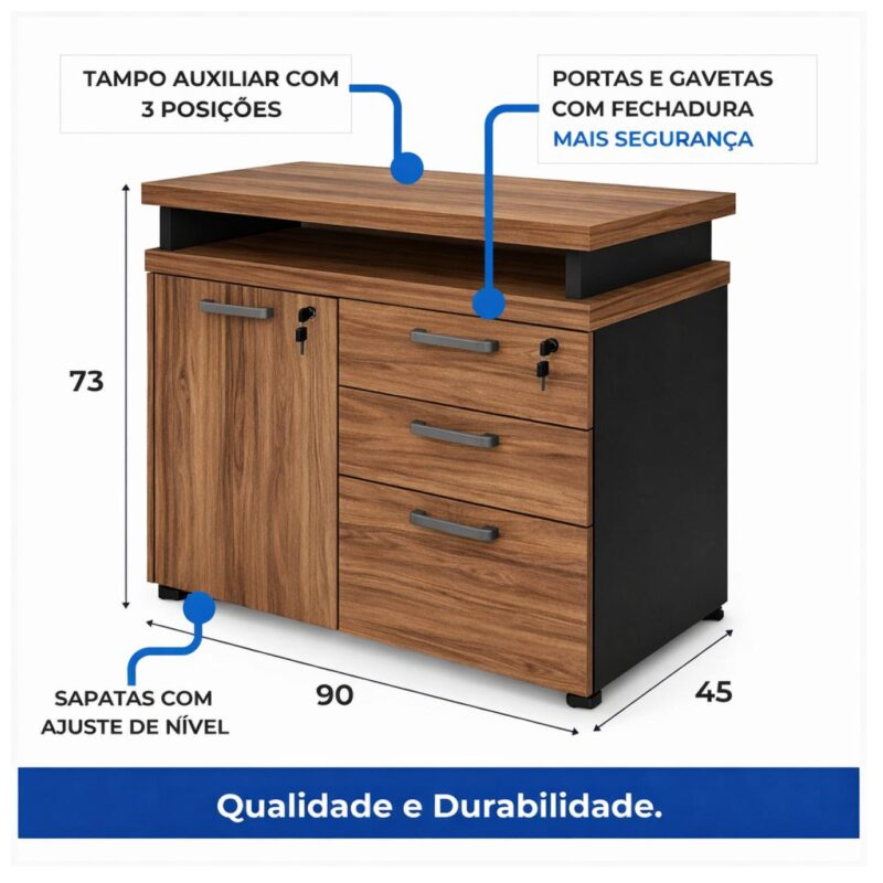 Móveis para Escritório Mesa Escritório em "L" - 1,50x1,50m (Extensível) - com Armário Misto (03 Gav.) - Nogal / Preto - 21603