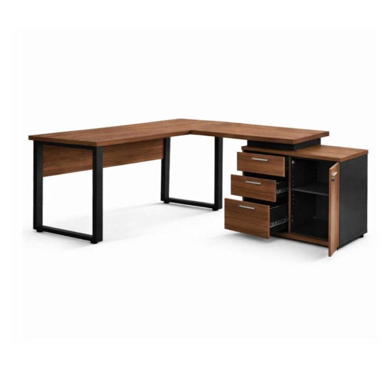 Móveis para Escritório Mesa Escritório em "L" - 1,70x1,50m (Extensível) - com Armário Misto (03 Gav.) - Nogal / Preto - 31603