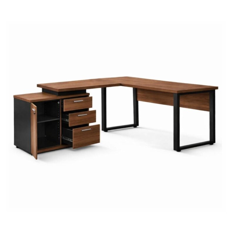 Móveis para Escritório Mesa Escritório em "L" - 1,70x1,50m (Extensível) - com Armário Misto (03 Gav.) - Nogal / Preto - 31603